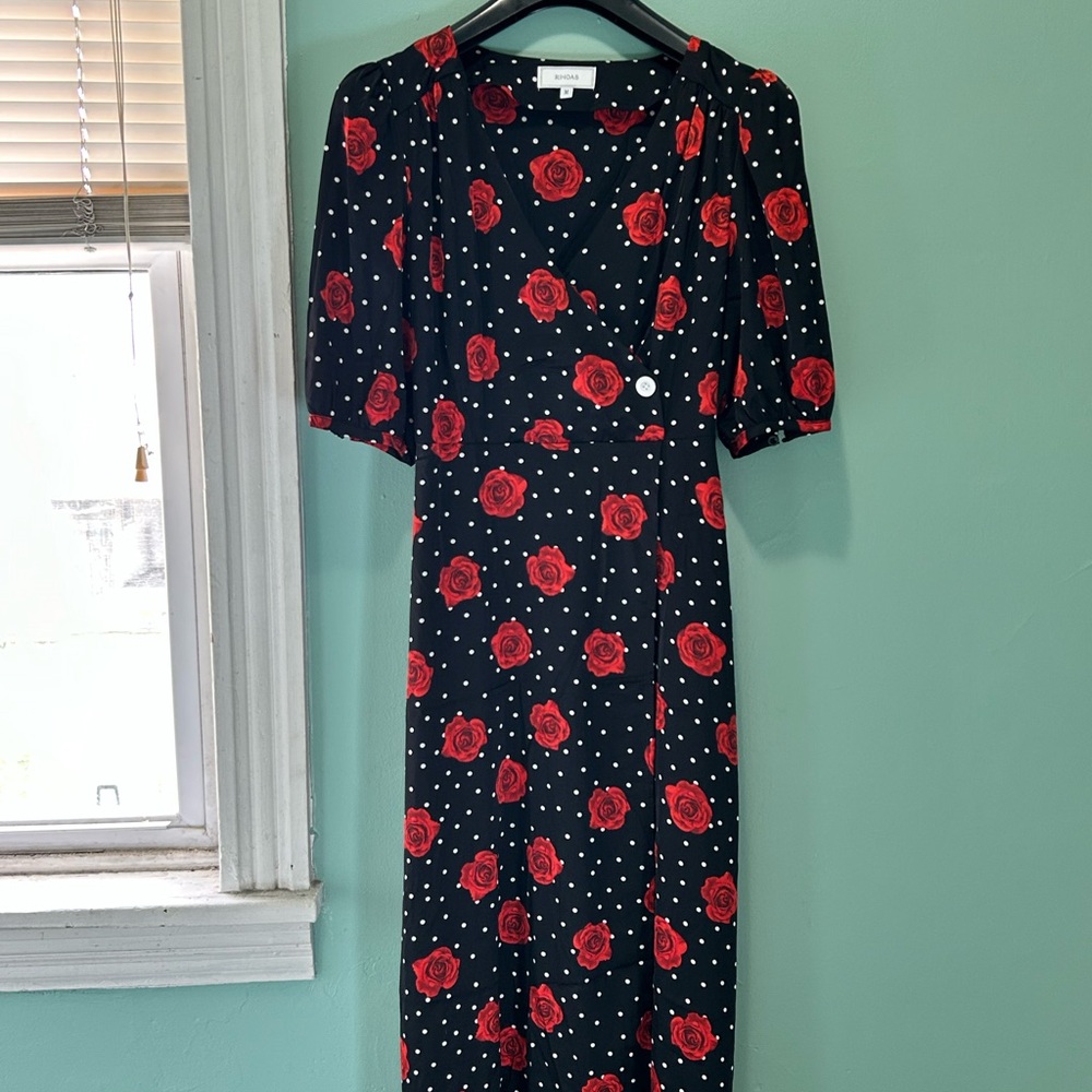 RIHOAS Black Maxi Dress with Red Rose & White Polka Dots
